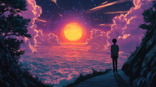 Solitary dreamer walks toward a blazing cosmic sunset.