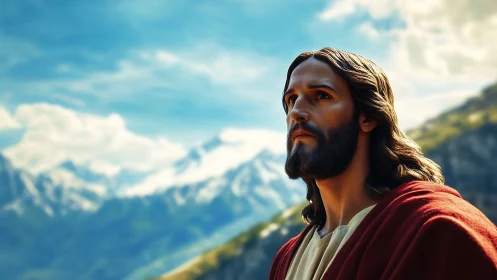 Serene robed figure gazing toward bright mountain skies.