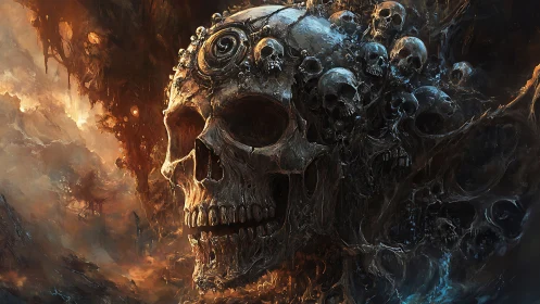 Eerie skull landscape wrapped in glowing mist and shadows.