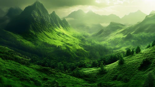 Lush green mountain valley under diffuse glowing sunlight