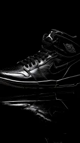 Glossy black Nike sneaker glows in dramatic studio light.