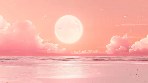Large low moon is centered above a monochrome pink sea