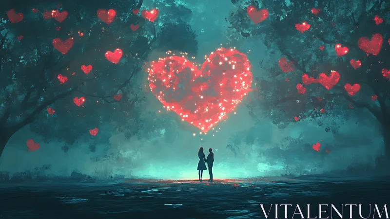Two Lovers Beneath Glowing Heart Sky