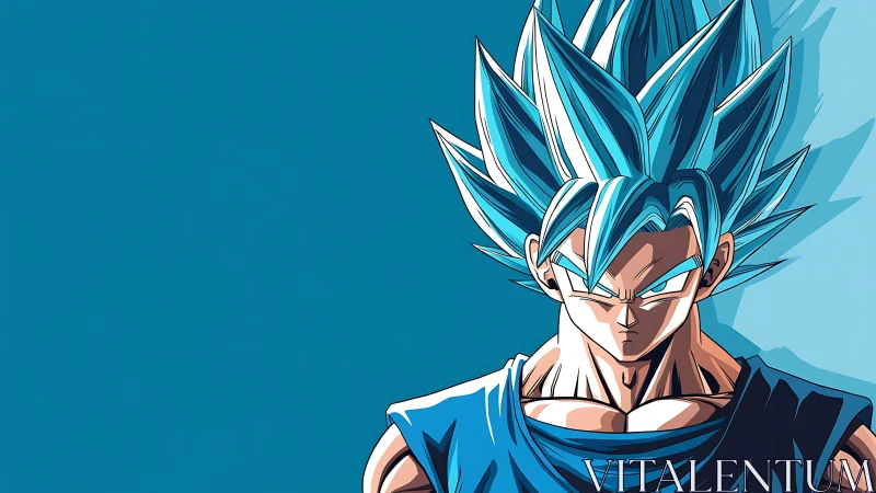 Blue haired anime fighter with intense stare on teal background.