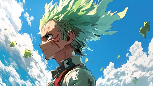 Wind-swept green-haired anime hero in dramatic sky profile