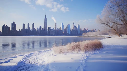 Winter sunrise softens a modern city skyline across frozen water
