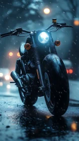 Motorcycle stands on wet night street under falling snow