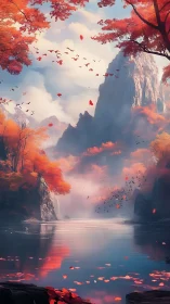 Autumn valley lake reflects misty mountains and crimson trees