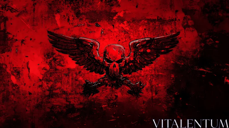 Winged skull sigil over splattered crimson battlefield.