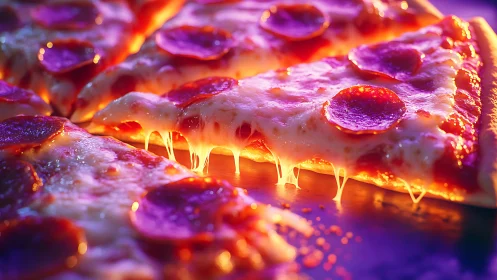 Pepperoni pizza slice stretches molten cheese under neon glow.
