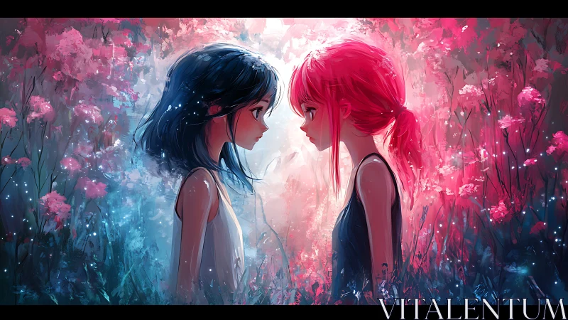 Dual-colored girls stand face to face in glowing flowers.