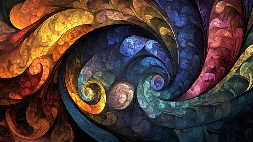 Multicolored spiral fractal pattern with leaf-like segments.