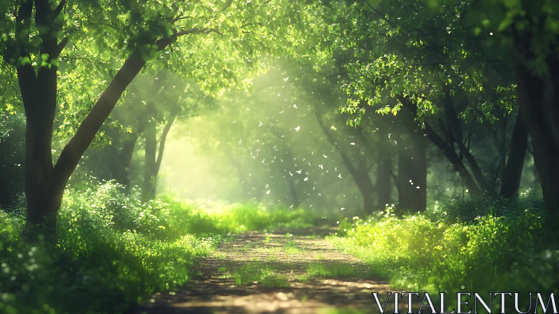Sunlit Forest Path with Lush Greenery and Dreamy Atmosphere.