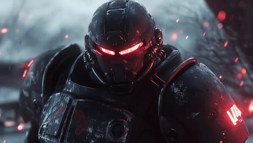 Heavily armored combat exosuit with red visor in snowy embers