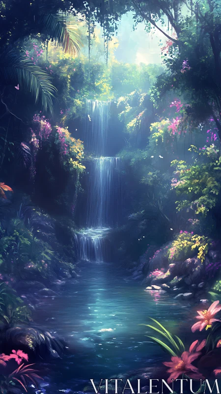 Tiered forest waterfall descends into reflective jungle pool