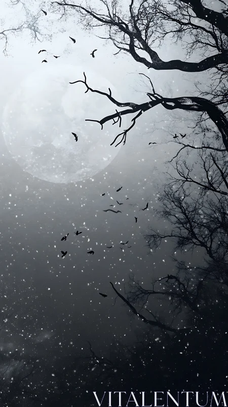 Dark winter moon with bare trees and scattered birds.