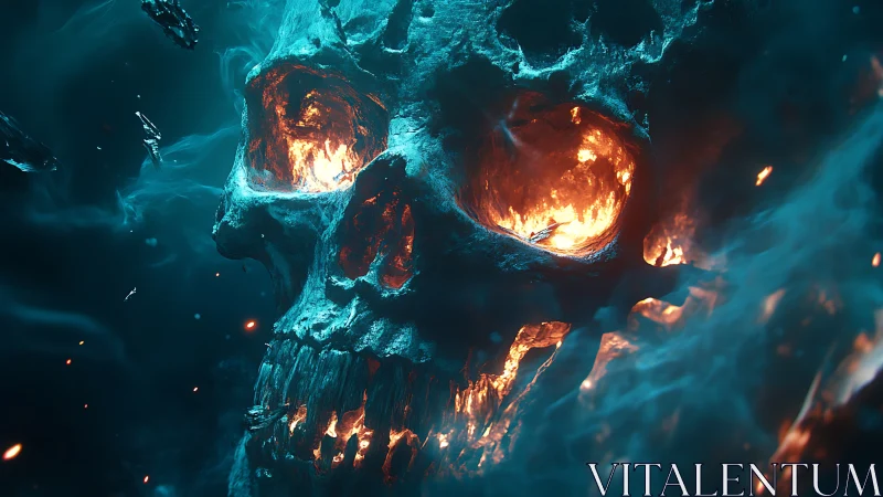 Thermal-etched infernal skull within volumetric cyan nebula.