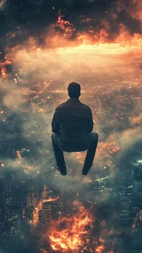 Solitary figure hovers above a burning city in stormy skies