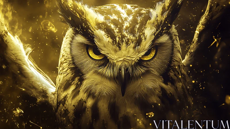 Owl portrait is rendered in monochrome gold with frontal view