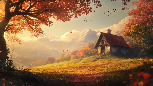 Sunlit cottage beneath blazing autumn canopy at dawn.