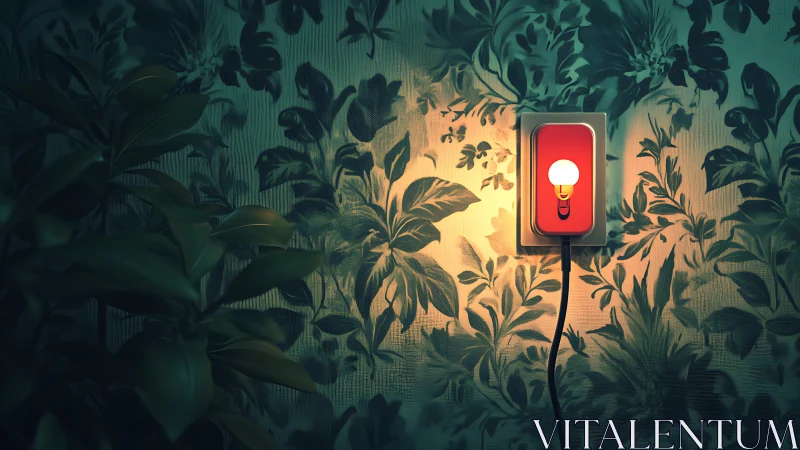 Tiny wall lamp blooming on moody jungle wallpaper glow.