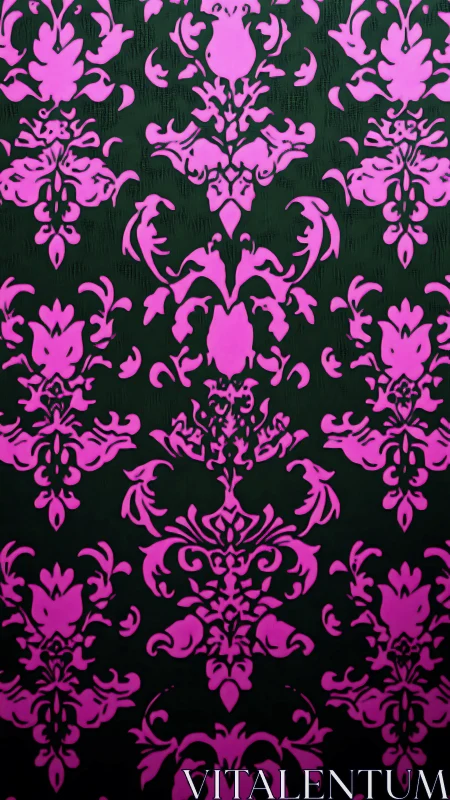 Pink ornamental damask pattern on dark green background.
