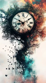 Time sprouts from a painted tree, spilling birds and smoke