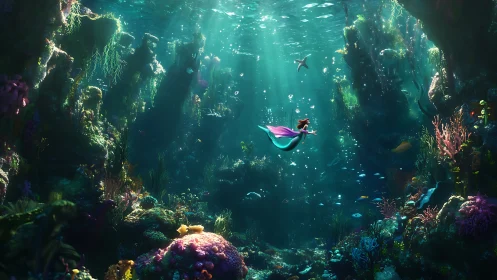 Mermaid glides through sunlit coral canyon in teal depths.