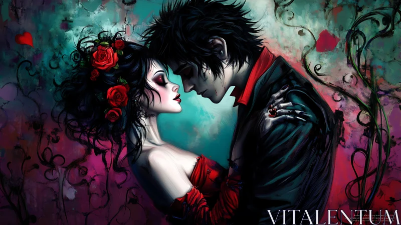 Gothic couple portrait with ornate floral and vine elements