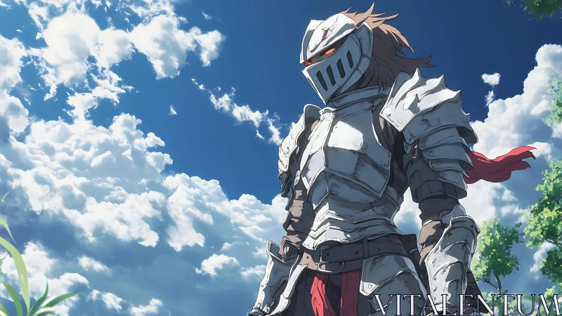 Armored anime knight under vivid summer sky stands resolute.
