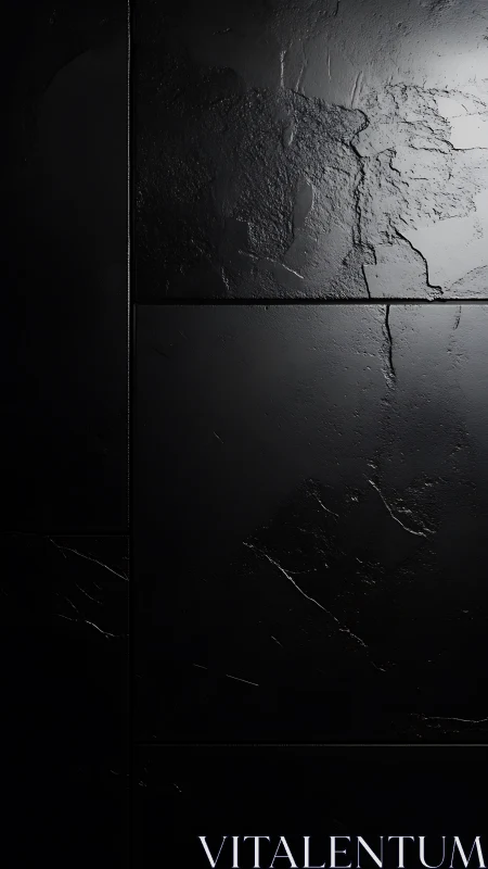 Dark slate wall panels catch light in subtle fractured textures.
