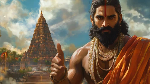 Temple complex and ascetic figure in detailed digital rendering.