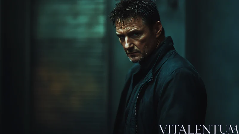 Brooding man in a dark alley holds a quiet, steady gaze