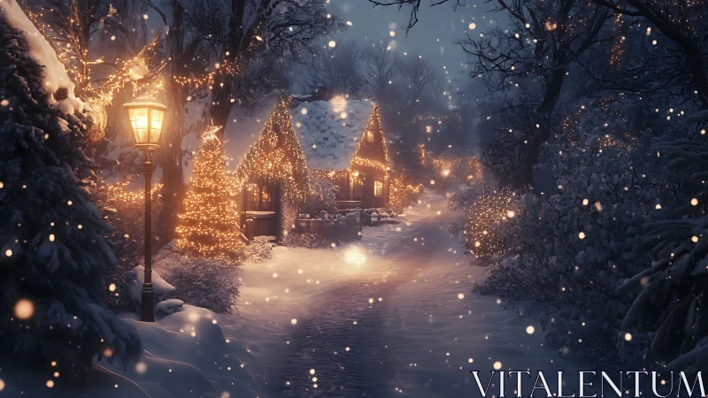 Snow covered village lane with illuminated cottages at night.