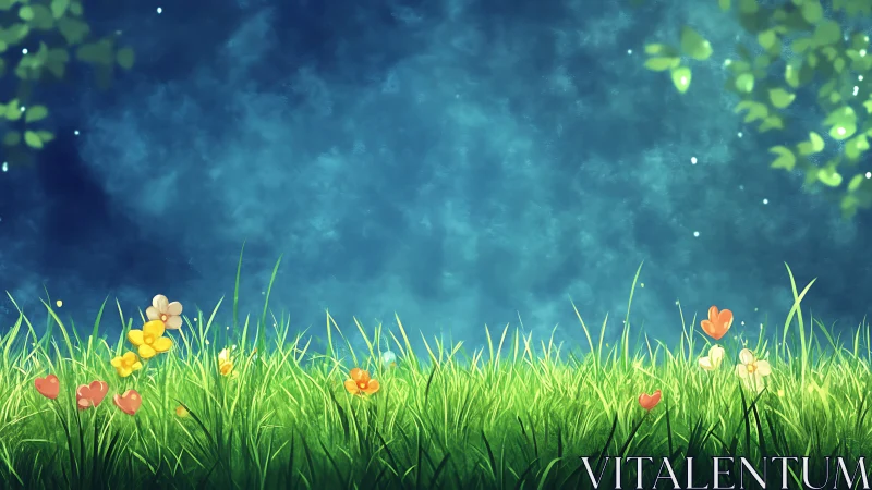 Sunlit meadow with stylized flowers against blue sky.