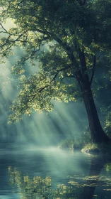 Crepuscular sunbeams intersecting riverside canopy and reflection.