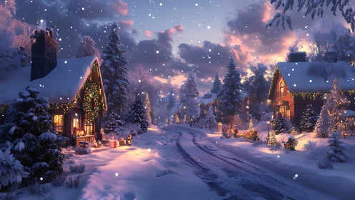 Snow-covered village street shows lit Christmas cottages at dusk
