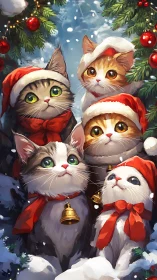Five festive cats in red Santa hats surrounded by evergreen boughs.