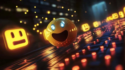 Glowing emoji sphere racing through neon pixel grid world.