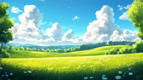 Cumulus-dominated meadow panorama under high-saturation daylight.