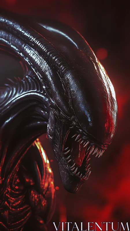 Alien creature snarls in cinematic red-lit close-up shot.
