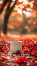 White coffee mug rests amid vivid autumn leaves outdoors.