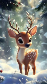 Young winter fawn stands in soft snow under pine branches