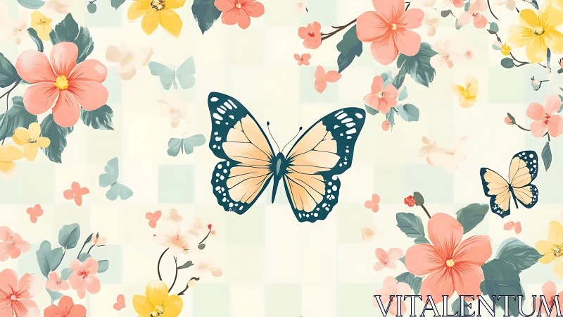 Butterflies with pastel florals on soft checkered ground.