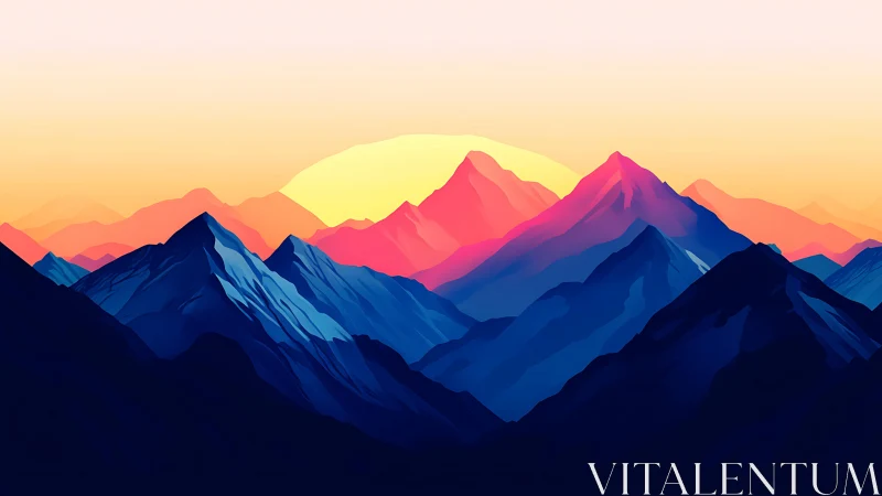 Sunlit polygonal mountains compress depth with chromatic gradients