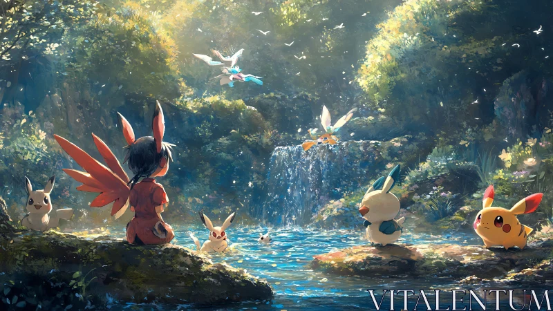 Tranquil forest waterfall with winged child and creatures.