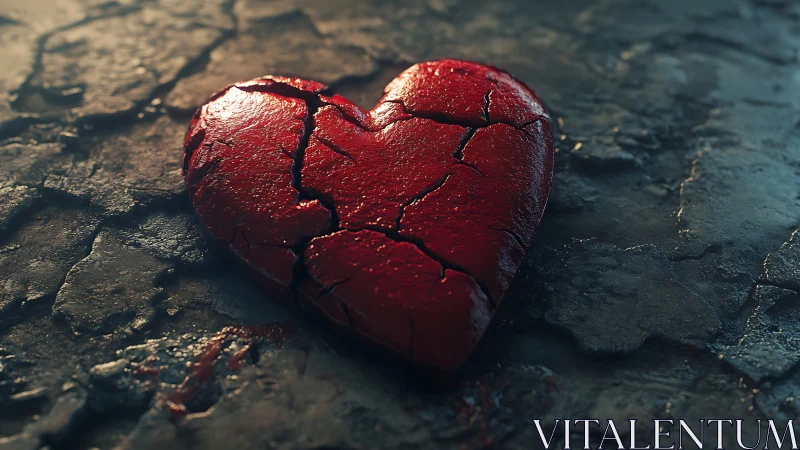 Fractured Crimson Heart with Metallic Patina on Textured Dark Surface