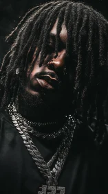 Low key portrait of person with dreadlocks and jewelry.