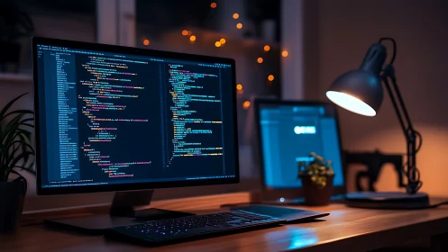 Dual-monitor coding workstation under warm, low-key ambient lighting