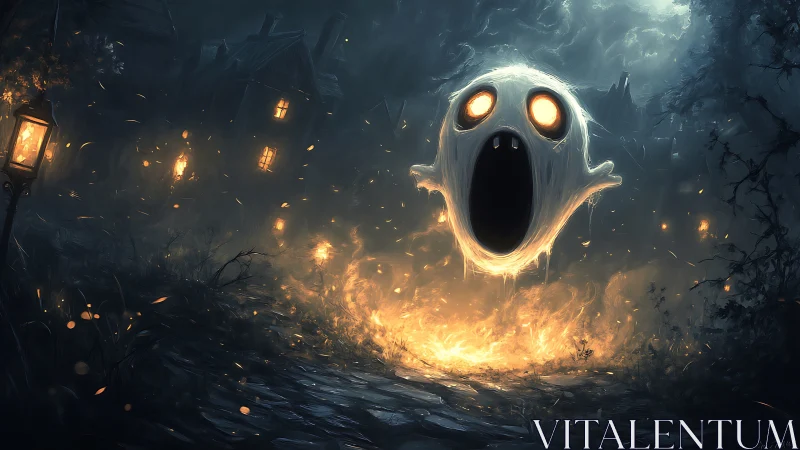 Glowing ghost hovers above fire in dark haunted village.